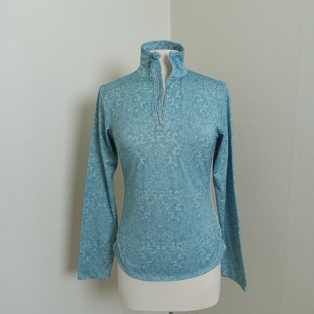 Athleta 1/4 Zip Pop Over Long Sleeve Blue Pineapple Paisley Pattern Top Small